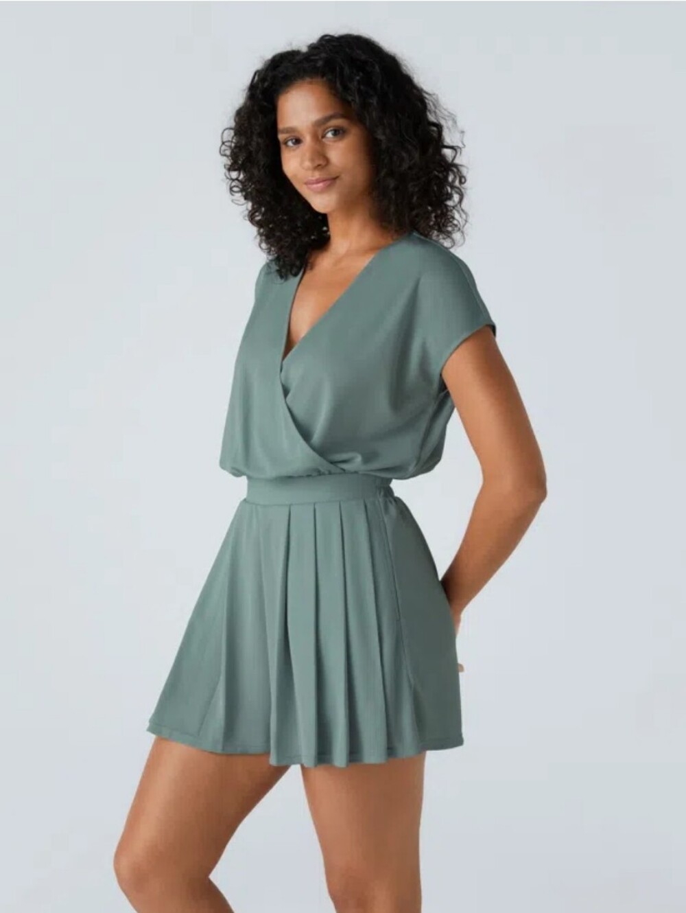 Halara Women's Green V Neck Short Sleeve Pocket Waffle Casual Romper. Sz L - Picture 3 of 12